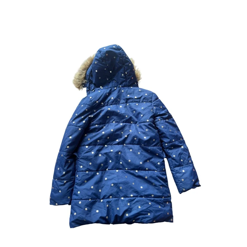 Boden Girls Navy Gold Polka Dot Puffer Coat Faux‎ Fur Preppy Winter Luxe 9-10Y